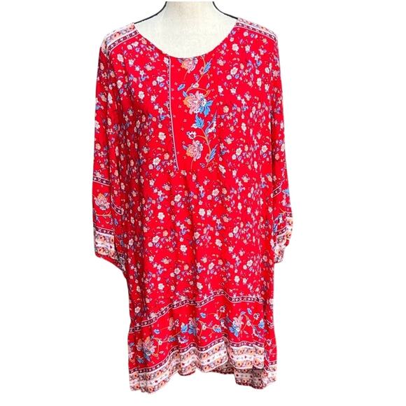 Umgee Dresses & Skirts - Umgee Women's Large Red Blue Floral Mini Dress Boho Bell Sleeve Oversized Tunic